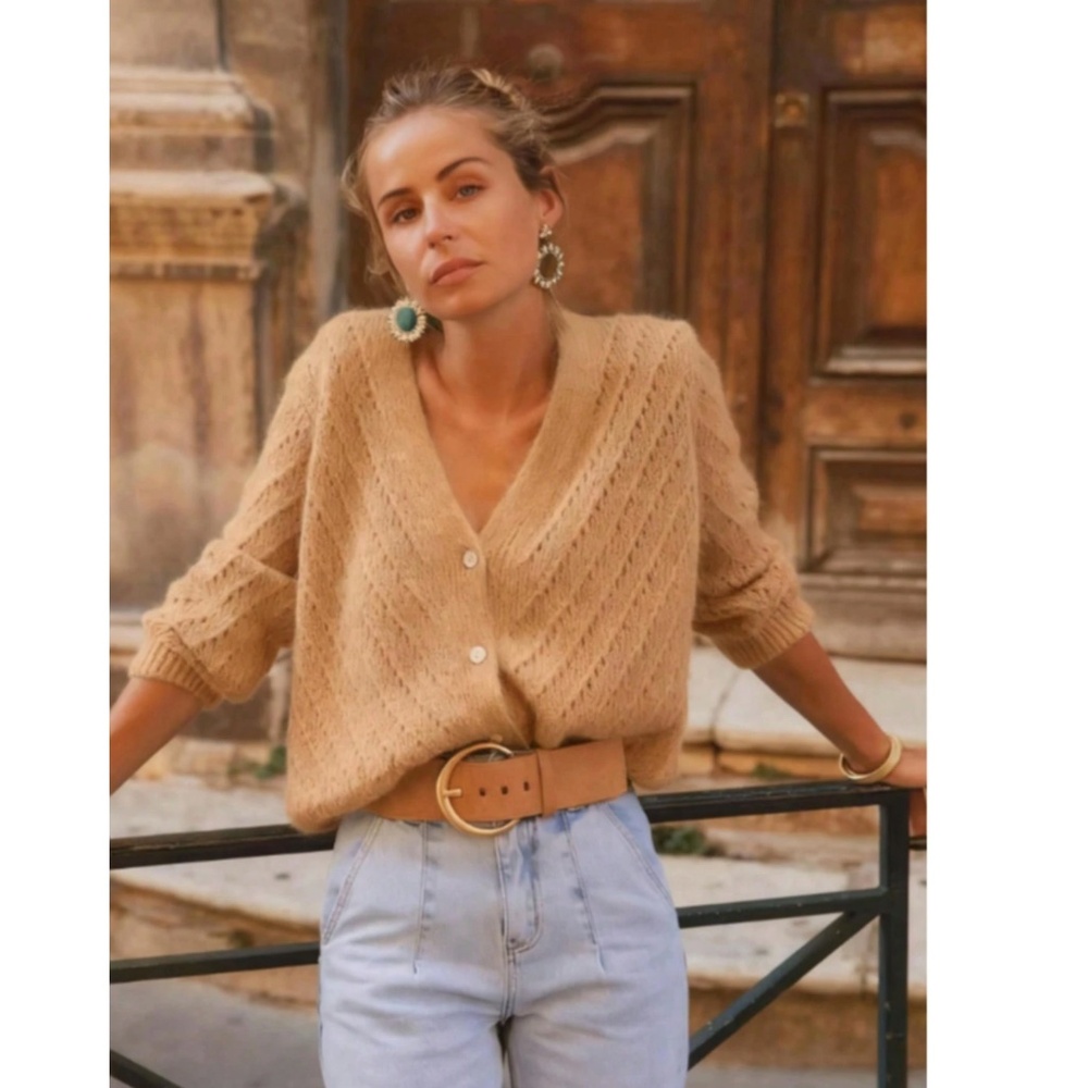V-Cut Buttoned Down Camel Tan Knit Cardigan Textured, Long Sleeve - Picture 2 of 7